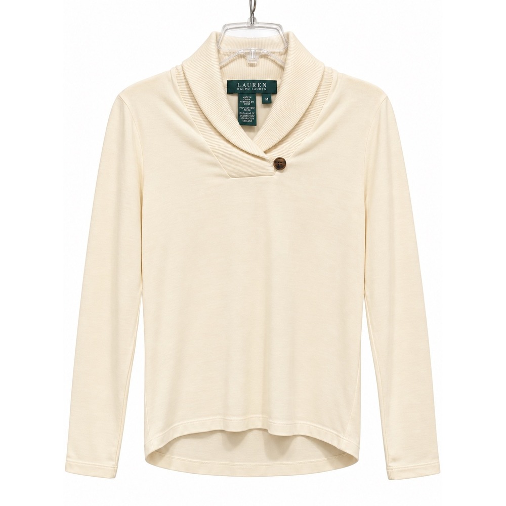 Lauren Ralph Lauren Women's Medium Cream Cotton Shawl Collar Long Sleeve Top NWT